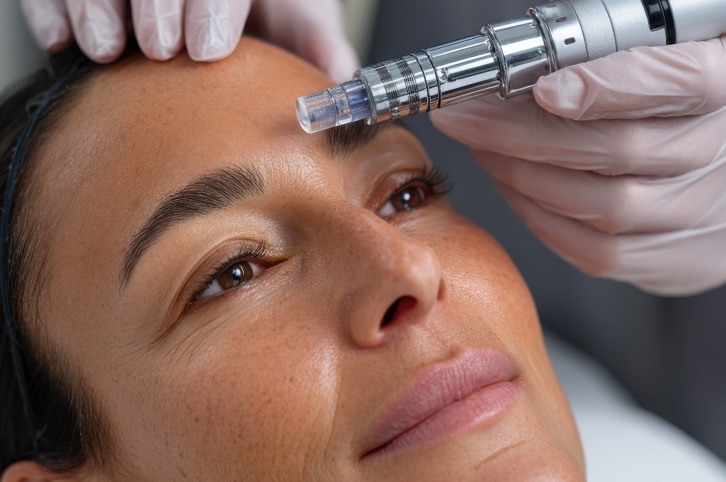 Eine Nahaufnahme einer Frau, die in einem professionellen Spa eine Microneedling-Behandlung erhält, bei der gezielte Hautpflegetechniken zur Verjüngung und Gesundheit der Haut vorgestellt werden.